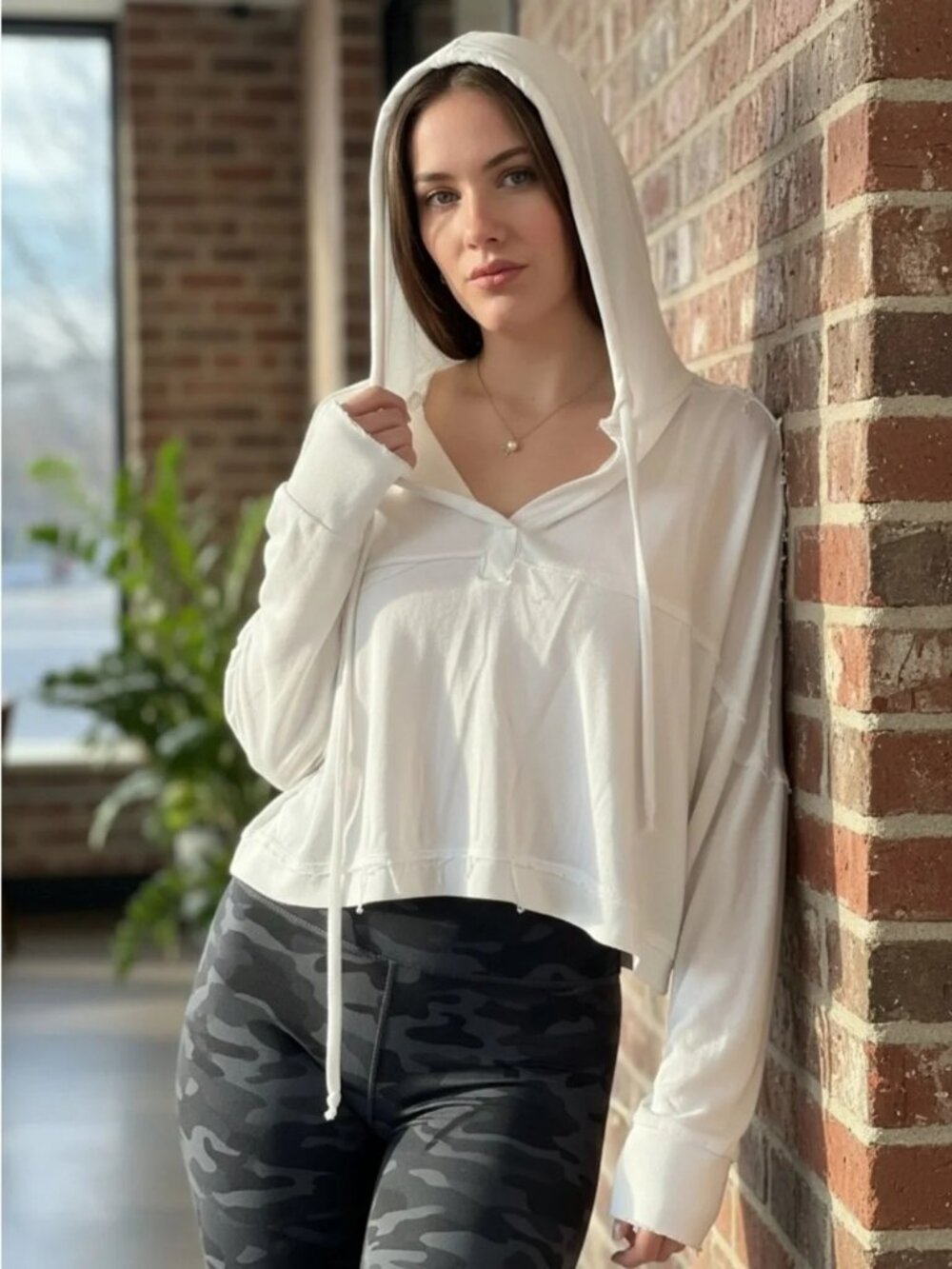Altar'd State White Slouchy Cropped Hoodie Sweatshirt